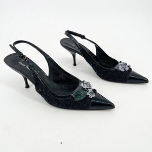 Miu Miu Vintage Charcoal Wool Black Cap Toe Floral Applique Slingback Heel IT 38
